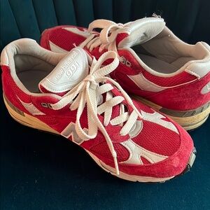 New Balance Red and White 991 shoes